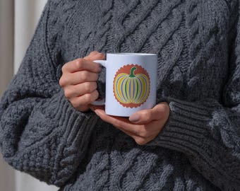 Colorful Pumpkin Print Mug, Ceramic Autumn Coffee Cup