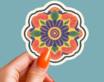 Colorful Mandala Flower Sticker, Boho Art Vinyl Sticker, Decorative Geometric Design