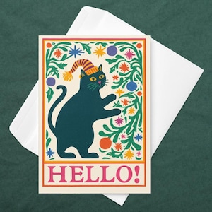 Funny Christmas Cat Card Cute Kitty with Christmas Hat and Christmas Tree Holiday Greeting Card with “Hello!” for Black Cat Lovers & Cat Mom