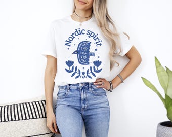 Tshirt Oiseau Bleu Inspiration Scandinave Hygge T-shirt Femme Blanc et Bleu