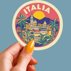 This luggage sticker is the perfect reminder of your previous travel in Italy. This round sticker evokes Italian cityscape. Travel sticker, Italy sticker. Ideal gift for Italian, small gift for Italian men