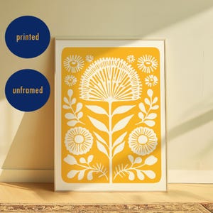 Stampa floreale boho gialla, decorazione retrò folk art per interni eclettici, poster floreale giallo, arte murale per regalo di inaugurazione della casa, idea per la decorazione della casa