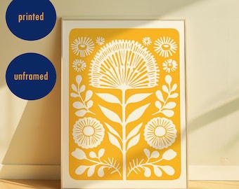 Yellow Floral Art Print, Retro Folk Art Poster, Boho Wall Decor