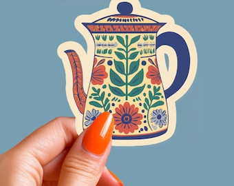 Folk Art Teapot Sticker, Cottagecore Floral Tea Decal