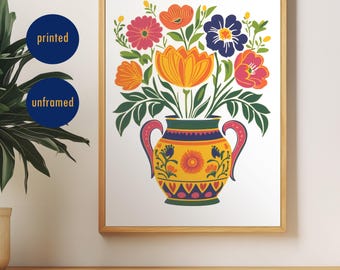 Lámina artística retro con jarrón floral, decoración colorida para el hogar
