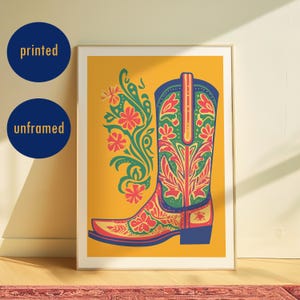 Poster con stivali da cowboy colorati, stampa di stivali western alla moda, arte per la casa del sud, decorazione da parete western, decorazione per la casa del selvaggio West, arte da parete western vintage
