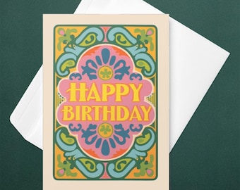 Colorful Birthday Greeting Card, Happy Birthday Stationery, Retro Bday Card