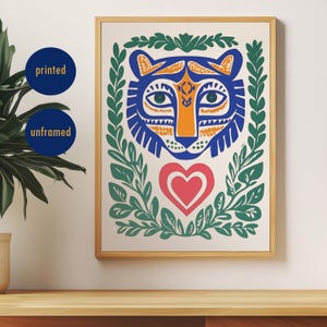Ilustración de tigre impresa, impresión de jungla para decoración del hogar de moda, póster de animales coloridos, decoración maximalista para la decoración de la habitación de los niños, arte de pared tropical