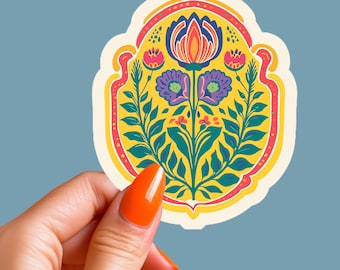 Floral Folk Art Sticker, Colorful Vinyl Flower Decal