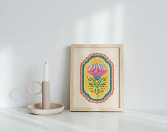 Boho Flower Poster, Colorful Retro Floral Illustration for Cozy Interiors