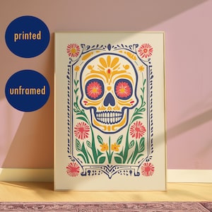 Poster con teschio colorato per la decorazione della festa di Halloween, poster del Giorno dei Morti, arte floreale di Halloween, arte murale spettrale e felice, opera d'arte stampata