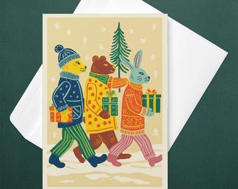 Colorful Christmas Animal Card, Kids Holiday Stationery, Winter Friends Gift