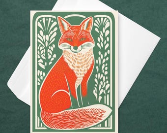 Fox Folk Art Greeting Card, Autumn Scandi Wild life illustration