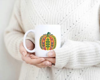 Mug citrouille style folk art Tasse automne en céramique Cadeau bohème et original pour les fêtes
