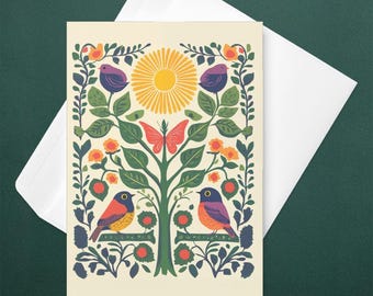 Folk Art Bird Greeting Card, Scandinavian Floral Botanical Card, Colorful Stationery