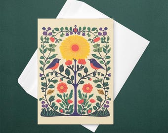 Folk Art Card, Vintage Botanical Stationery, Bird Lover Gift