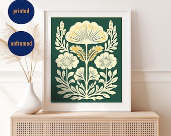 Green Floral Art Print, Retro Botanical Wall Art, Boho Home Decor