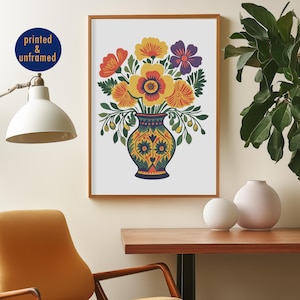Colorful Retro Flower Poster Botanical Wall Art for Indie Room Decor Vibrant Floral Boho Chic Decor Printed Artwork White Background