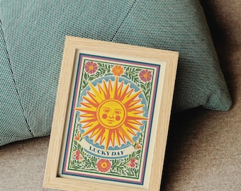 Boho Sun Art Print, Floral Mini Poster, Small Wall Art 5x7