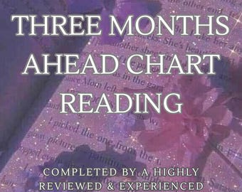 May include: A digital graphic with a soft purple and glittery background. The text reads "THREE MONTHS AHEAD CHART READING" in large, bold letters. Additional text states "COMPLETED BY A HIGHLY REVIEWED & EXPERIENCED PROFESSIONAL ASTROLOGER" and "NO AI".