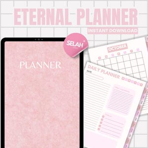 Puede incluir: Planificador digital con una cubierta rosa y la palabra "PLANNER" en blanco. La imagen incluye una pegatina rosa con la palabra "SELAH" y una página de calendario para octubre. También se ven las palabras "ETERNAL PLANNER" y "DESCARGA INSTANTÁNEA".