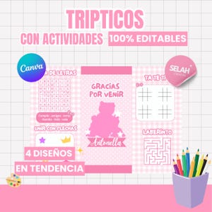 Può includere: Un modello di brochure pieghevole a tre ante con attività in rosa su sfondo a griglia. Include un gioco di ricerca parole, un tris, un labirinto e il testo "GRACIAS POR VENIR" e "Antonella". Include un logo Canva, un adesivo Selah Creativa e un portamatite.