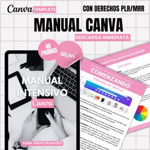 Puede incluir: Manual de plantilla digital de Canva con el título "Manual Canva" en negrita. La imagen presenta una computadora portátil, un teléfono y páginas con instrucciones de diseño. Acentos rosas resaltan elementos clave, incluido el texto "48 PAGINAS" y "PARA PRINCIPIANTES."
