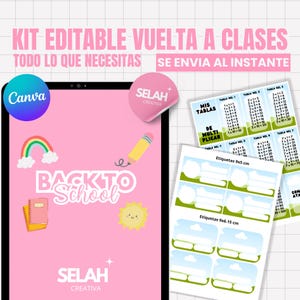 Puede incluir: Un kit digital rosa de vuelta al cole con el texto "KIT EDITABLE VUELTA A CLASES" y "TODO LO QUE NECESITAS SE ENVIA AL INSTANTE". El kit incluye una tableta con gráficos escolares, tablas de multiplicar y plantillas de etiquetas.