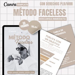 May include: A digital product cover featuring a woman in a white robe and sunglasses holding a cup. The cover is titled "Metodo Faceless" and states "55 Paginas" and "Para Ganar Dinero Desde Casa". The cover also includes a table of contents with the title "Publica Con Un Objetivo" and the words "Conciencia", "Engagement", "Conocerate", "Gustables", "Confianza".