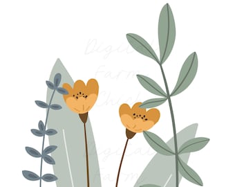 WILDFLOWERS Printable Digital Art, Whimsical Boho Flowers, Png Clipart, Card Art, Botanical Art, Sublimation, Digital Download