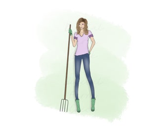 BARN GIRL with Pitchfork, Farm Girl in Muck Boots, Printable Digital Art, Whimsical Art, Digital Download