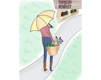 GIRL at Farmers Market, Printable Digital Art, Whimsical Art, Png Clipart, Digital Download