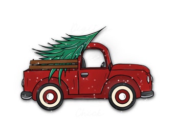 CHRISTMAS Vintage Red Farm Pickup Truck with Tree & Snow, Printable PNG Digital Clipart, Sublimation, Digital Download