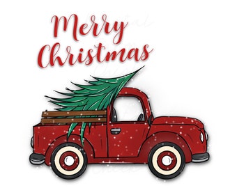 MERRY CHRISTMAS Vintage Red Farm Pickup Truck with Tree & Snow, Digital Art, Printable Pdf, PNG Clipart, Sublimation, Digital Download