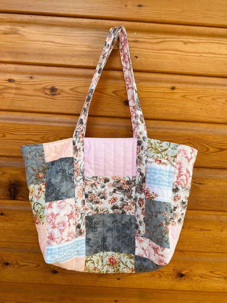 Handmade Floral Patchwork Tote Bag Pinks and Teals