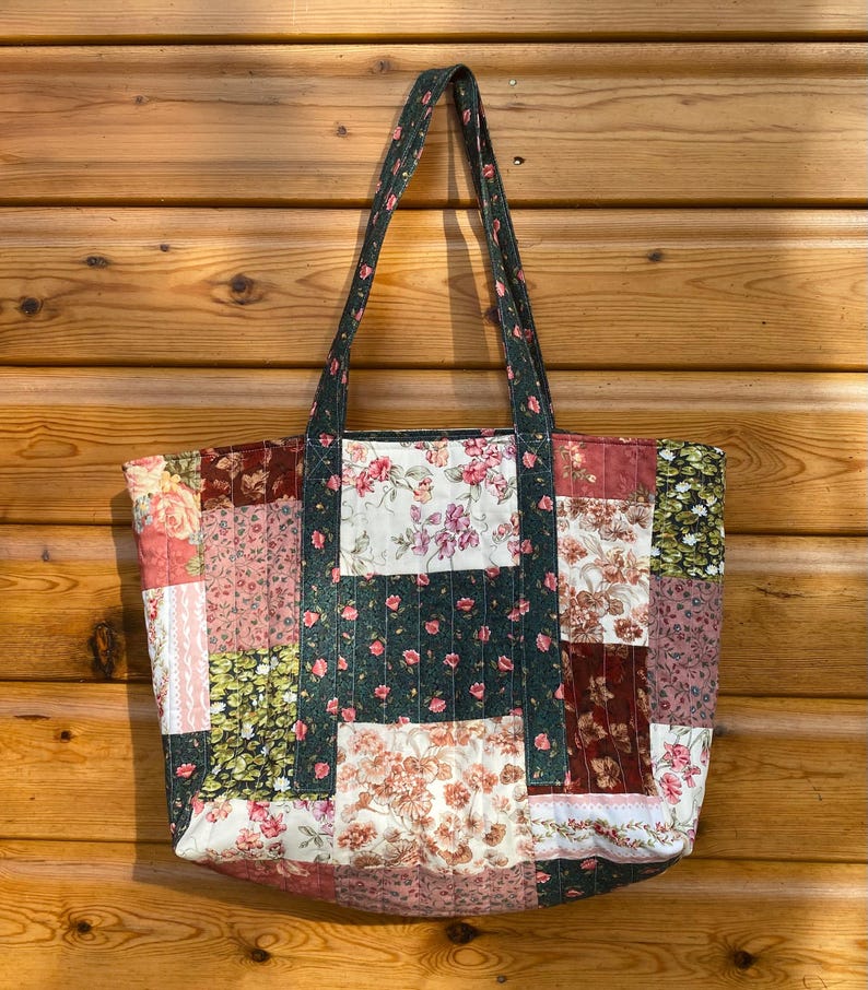 Handmade Floral Patchwork Tote Bag Greens and Pinks
