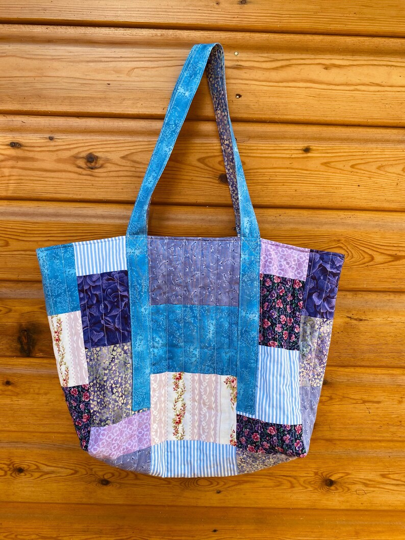 Handmade Floral Patchwork Tote Bag Purples and Blues