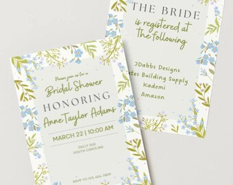 May include: Two invitation cards for a bridal shower. The cards have a light background with a floral border of blue flowers and green leaves. The text on the cards includes the bride's name, date, time, and RSVP information.