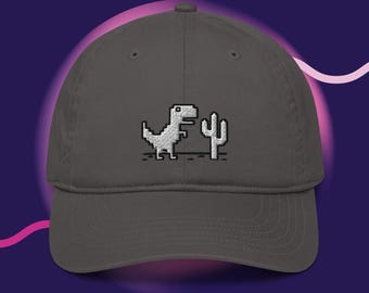 No Internet Dinosaur 100% Organic Cotton Hat, Handmade Embroidered Dad Cap - Soft - Durable - Unisex Gifts - Multiple Colours