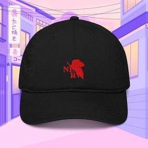 May include: Black baseball cap with a red embroidered logo of a leaf with the letters "NERV" inside.
