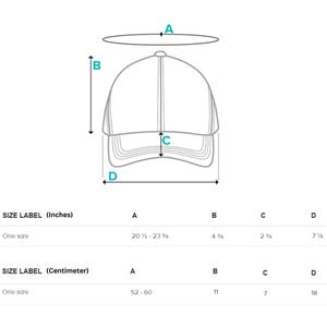 May include: A diagram showing the measurements of a baseball cap in inches and centimeters. The measurements are labeled A, B, C, and D. The cap is a standard size, with a circumference of 20 1/2 to 23 5/8 inches (52-60 centimeters).