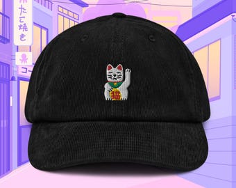 Lucky Cat Corduroy Hat, Handmade Embroidered Corduroy Dad Cap - Soft - Durable - Unisex Gifts - Multiple Colours