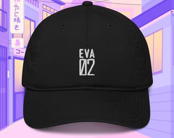 EVA 02 100% Organic Cotton Hat, Handmade Embroidered Dad Cap - Soft - Durable - Unisex Gifts - Multiple Colours
