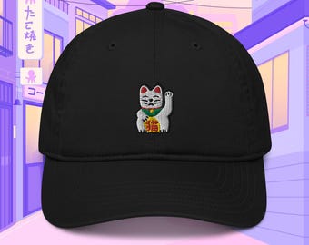 Lucky Cat 100% Organic Cotton Hat, Handmade Embroidered Dad Cap - Soft - Durable - Unisex Gifts - Multiple Colours