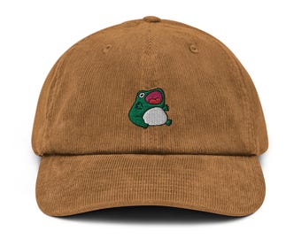 Cute Frog Corduroy Hat, Handmade Embroidered Corduroy Dad Cap - Soft - Durable - Unisex Gifts - Multiple Colours