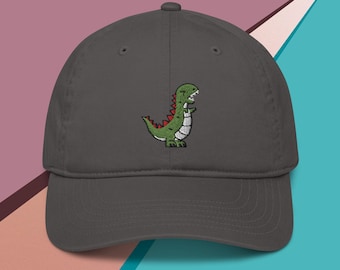 T-Rex Dinosaur 100% Organic Cotton Hat, Handmade Embroidered Dad Cap - Soft - Durable - Unisex Gifts - Multiple Colours