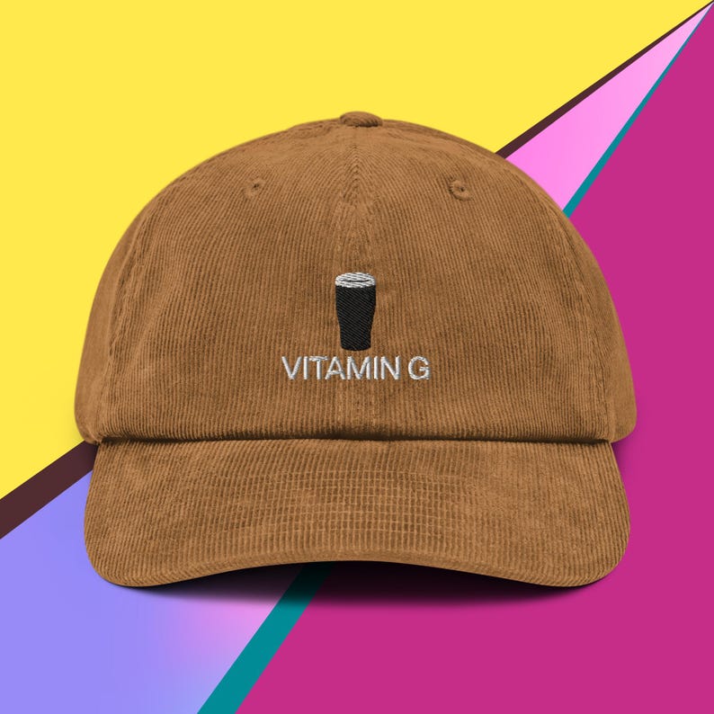 Guinness Vitamin G Stout Pint Corduroy Hat, Handmade Embroidered Corduroy Dad Cap - Soft - Durable -  Unisex Gifts - Multiple Colours