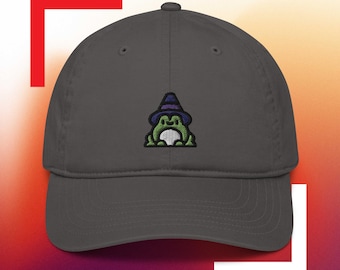 Frog Wizard 100% Organic Cotton Hat, Handmade Embroidered Dad Cap - Soft - Durable - Unisex Gifts - Multiple Colours