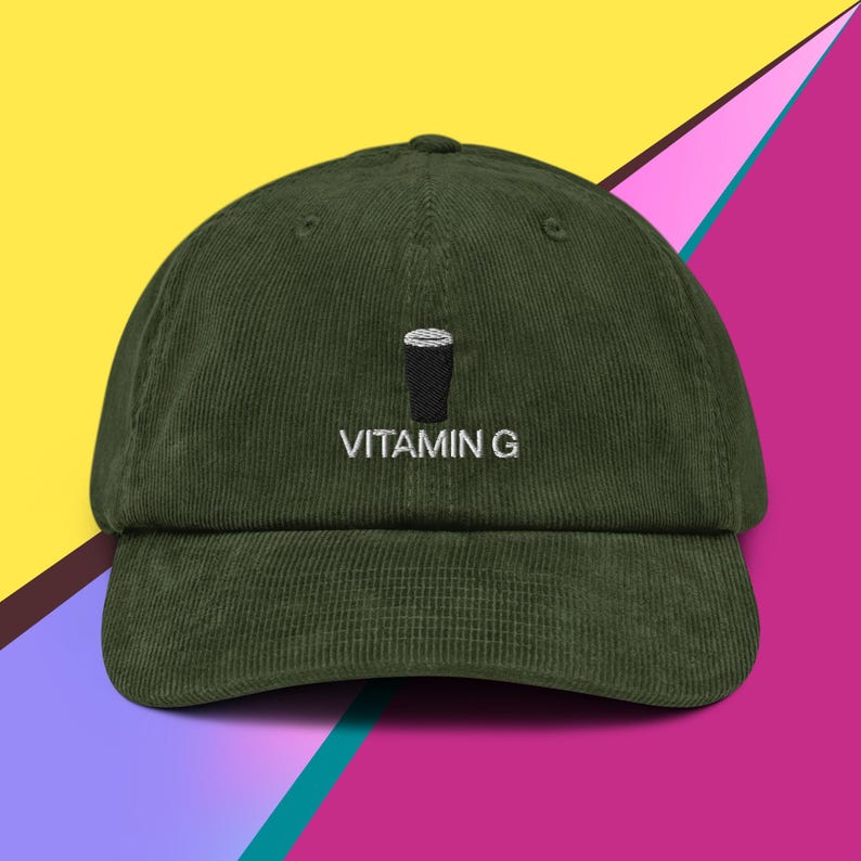 Guinness Vitamin G Stout Pint Corduroy Hat, Handmade Embroidered Corduroy Dad Cap - Soft - Durable -  Unisex Gifts - Multiple Colours