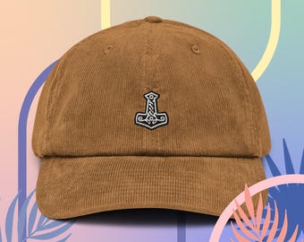 Thor's Mjolnir Hammer Corduroy Hat, Handmade Embroidered Corduroy Dad Cap - Soft - Durable - Unisex Gifts - Multiple Colours